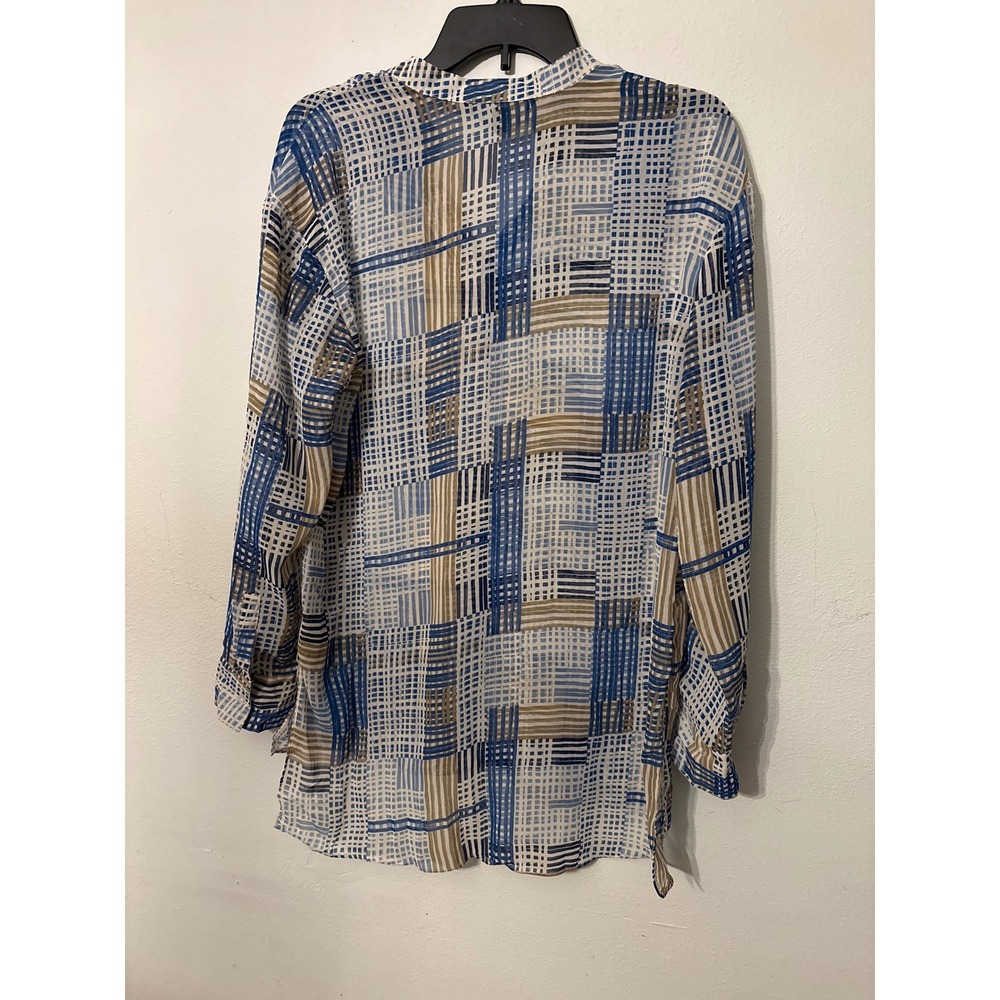 Zac & Rachel Tunic Women Small Blue Tan Excellent Geometric Sheer Blouse - Picture 4 of 4